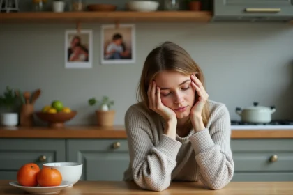 Femme assise dans la cuisine en moment de fatigue