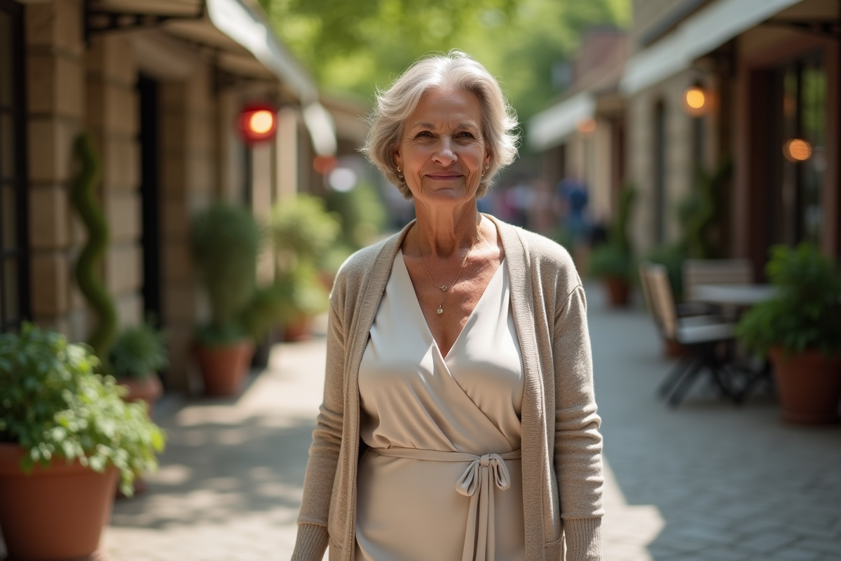Femme dans une robe simple marche dans une rue urbaine