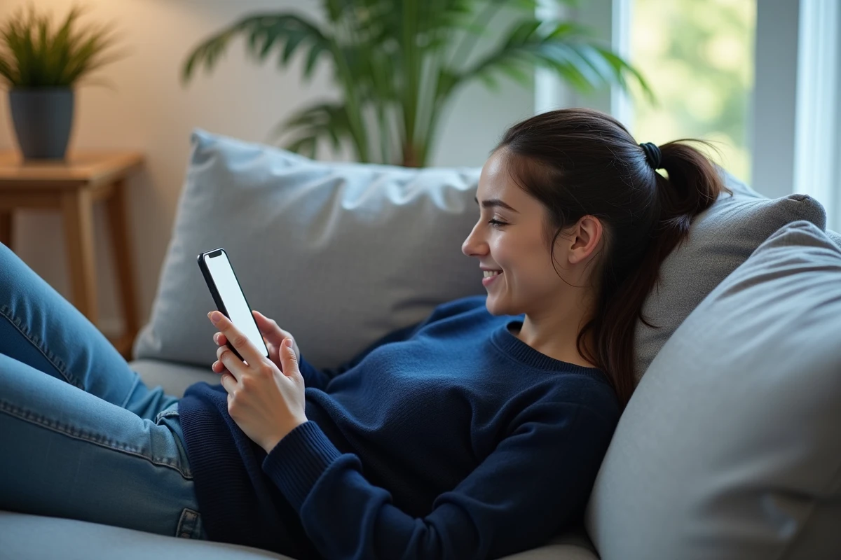 Femme consultant un flux d'images visuelles type Scrolller sur smartphone dans son salon, illustrant la navigation visuelle et immersive sur mobile