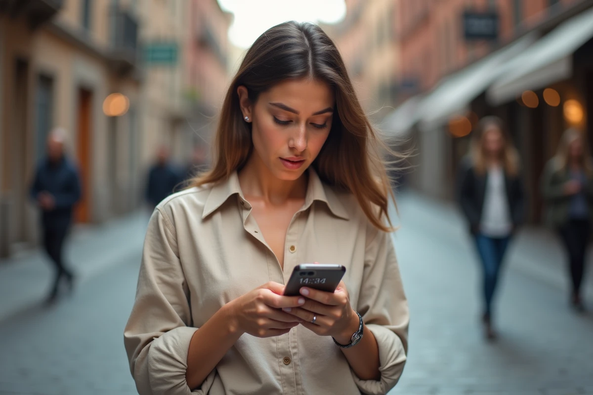 Femme regardant son téléphone affichant 14h14 dans une rue urbaine, expression intriguée et pensive