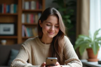 Jeune femme introvertie qui tchate sur son téléphone depuis son appartement cosy, illustrant le tchat anonyme Chérie FM pour les timides
