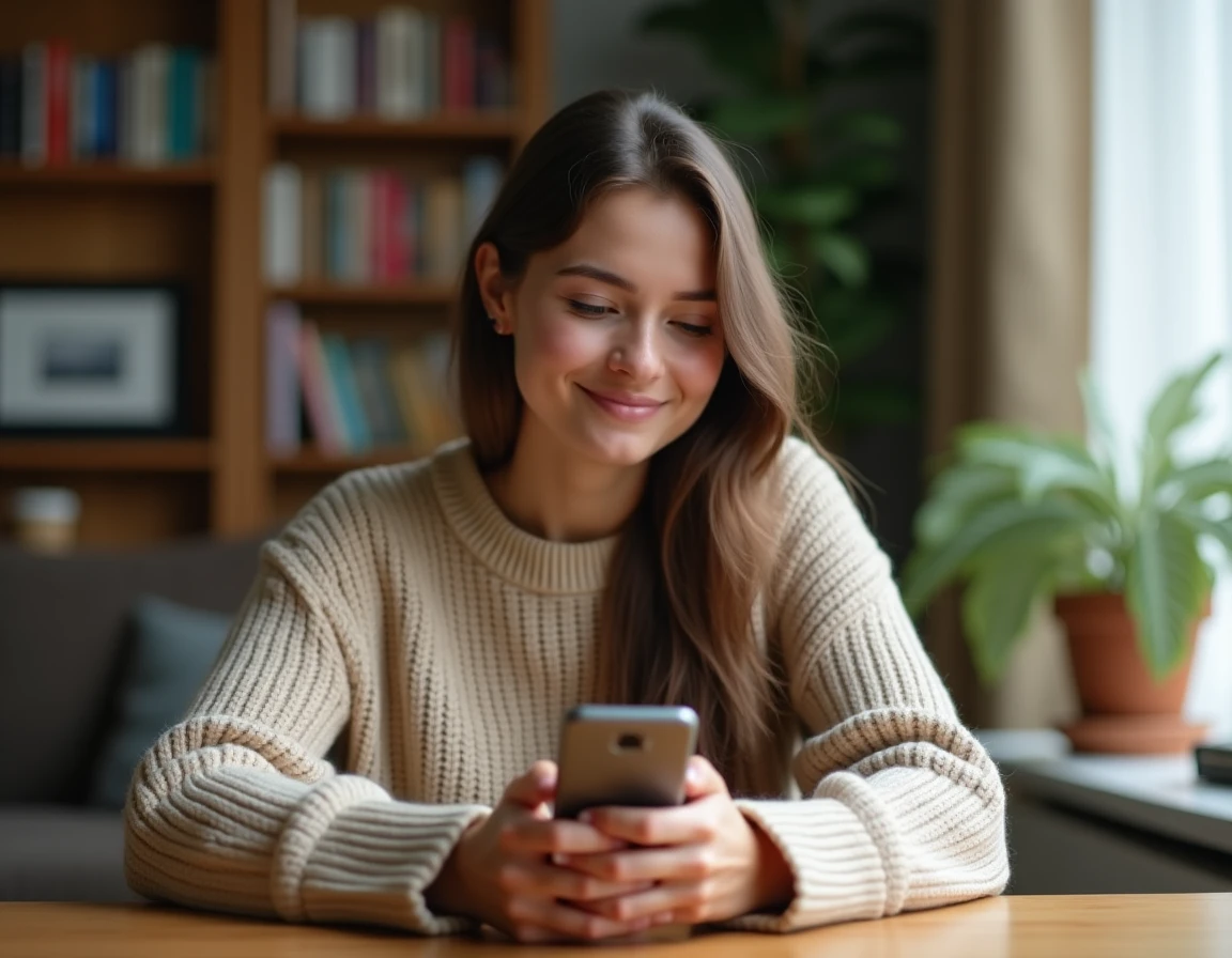 Jeune femme introvertie qui tchate sur son téléphone depuis son appartement cosy, illustrant le tchat anonyme Chérie FM pour les timides