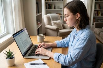 Jeune femme concentrée travaillant sur son ordinateur à la maison