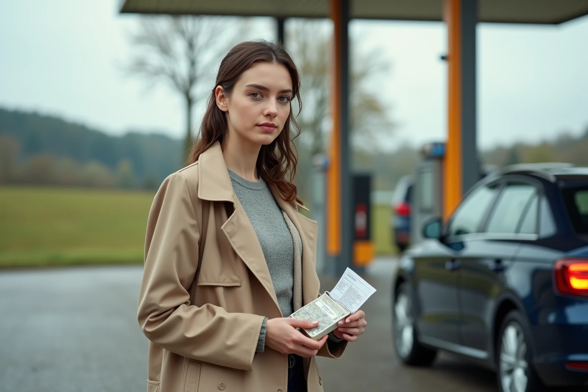 Jeune femme avec manteau beige achetant du tabac à la station