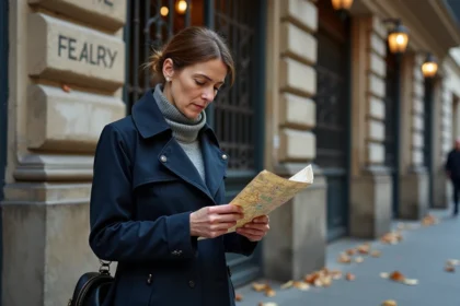 Femme en trench bleu devant le théâtre Mogador à Paris