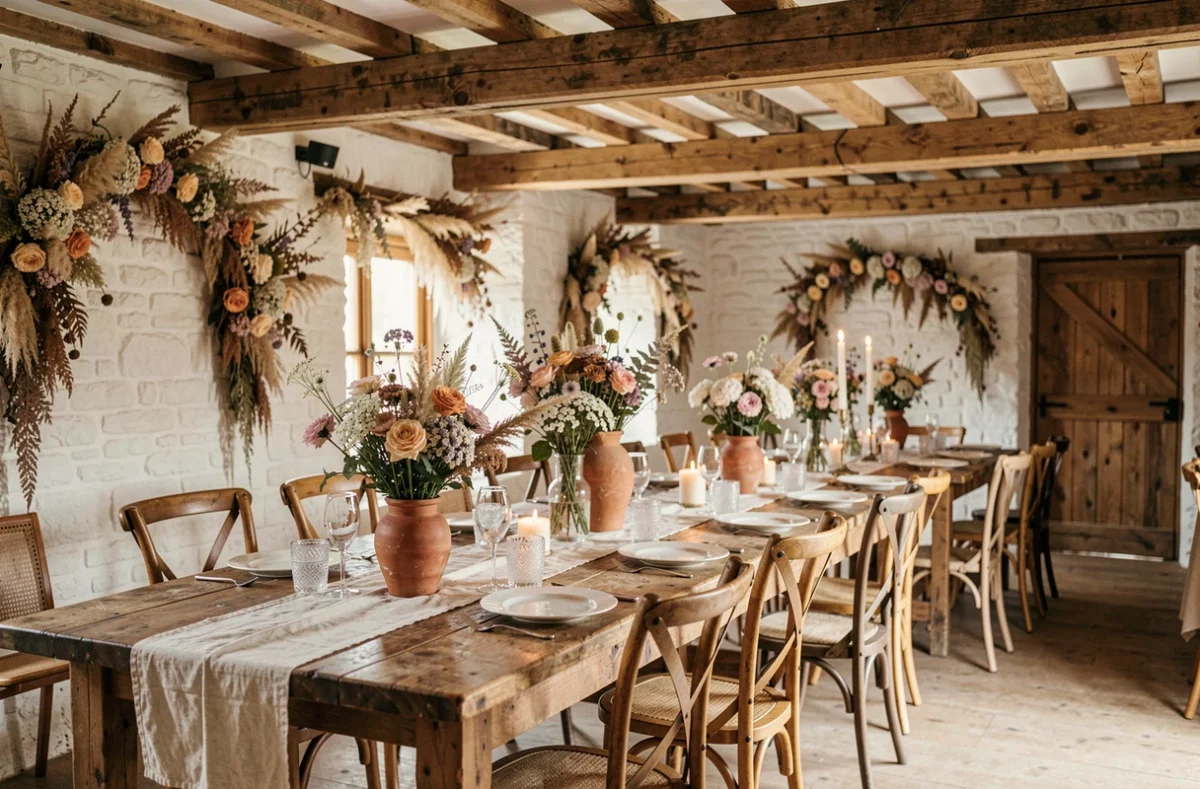 Intérieur rustique et élégant de La Ferme de l'Épinette avec poutres apparentes et tables décorées en style champêtre