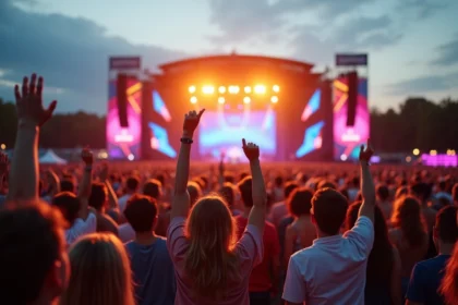Foule enthousiaste devant la scène principale d'un festival de musique en plein air à Lyon au bord du Rhône au crépuscule