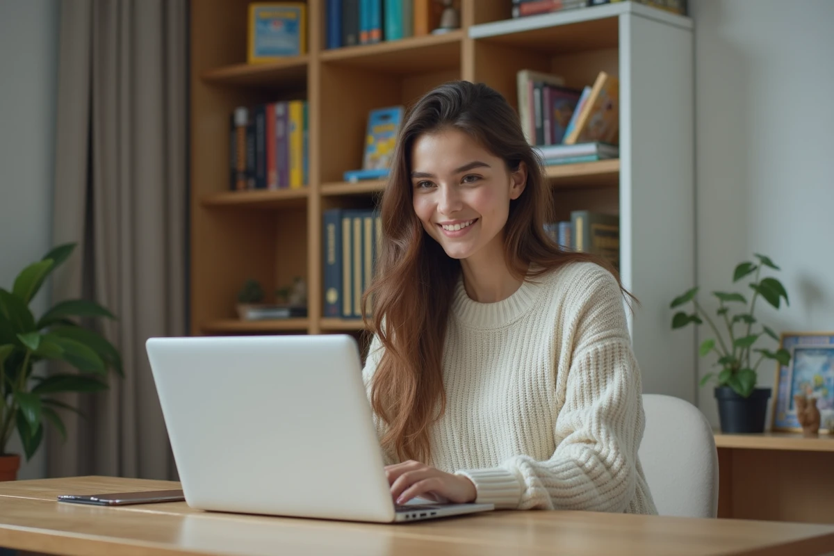 Jeune femme souriante avec ordinateur et cartes Pokémon