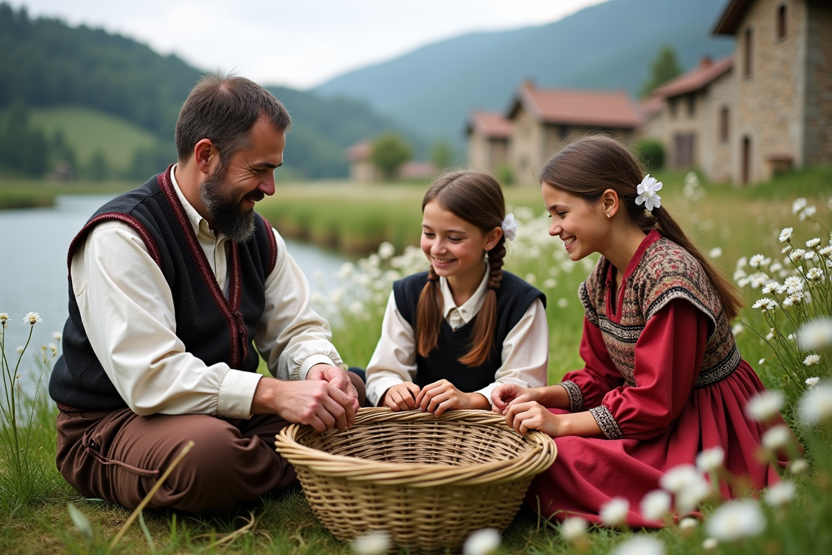 Homme et adolescents tressant un panier en roseaux au bord de la rivière