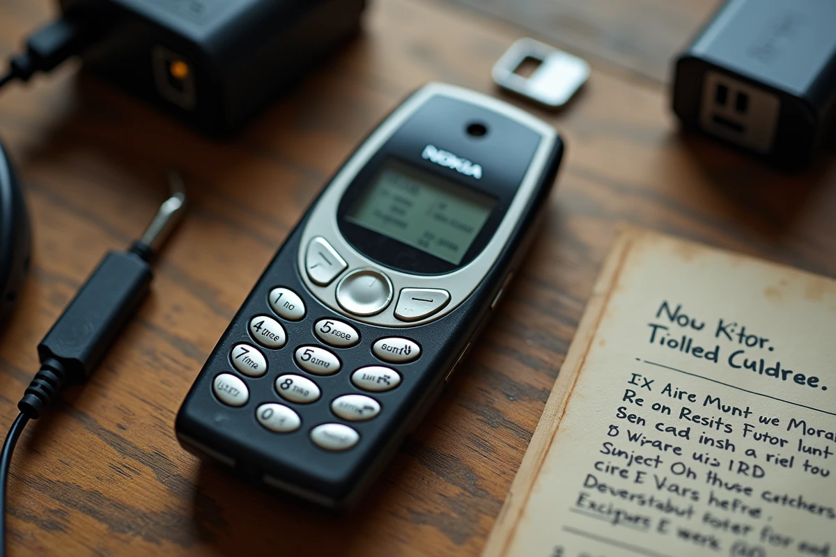 Vue de dessus d'un vieux Nokia avec chargeur rétro, batterie de rechange et notes de dépannage sur une table en bois