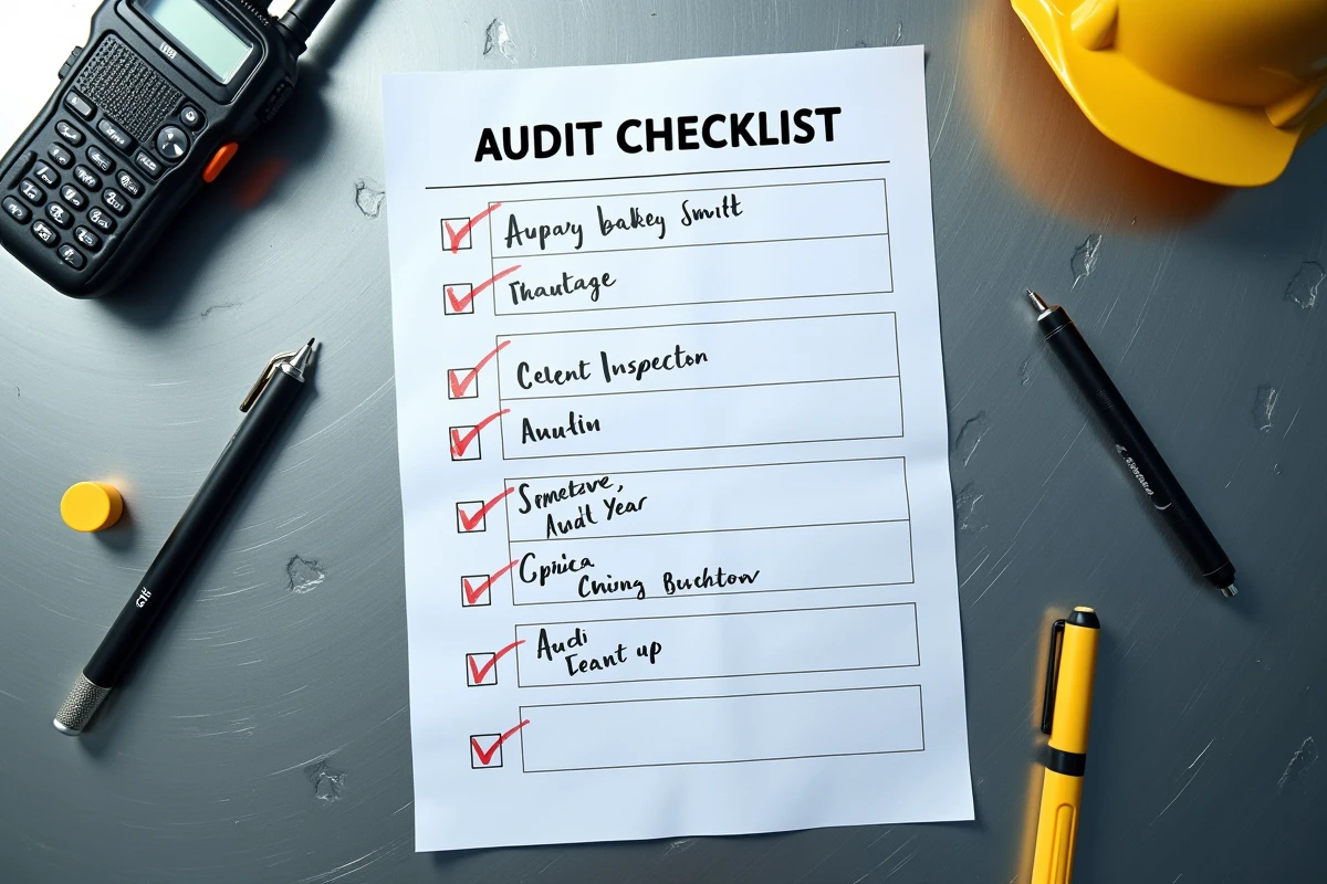 Formulaire de checklist d'audit standardisé rempli à la main sur un établi industriel