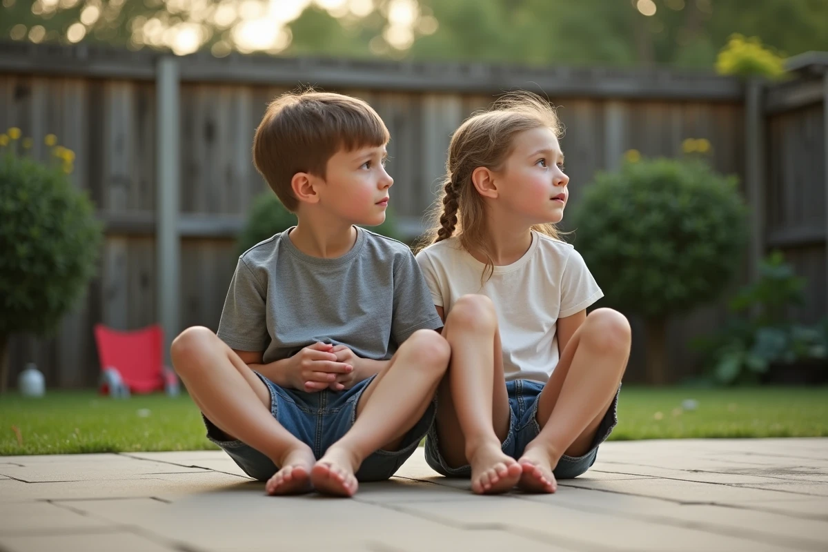 Deux enfants assis dans le jardin familial