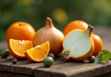 Variété de fruits lavés avec orange olive et oignon sur table rustique