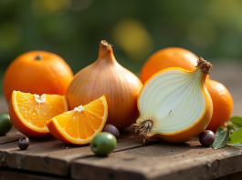 Variété de fruits lavés avec orange olive et oignon sur table rustique