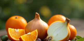 Variété de fruits lavés avec orange olive et oignon sur table rustique