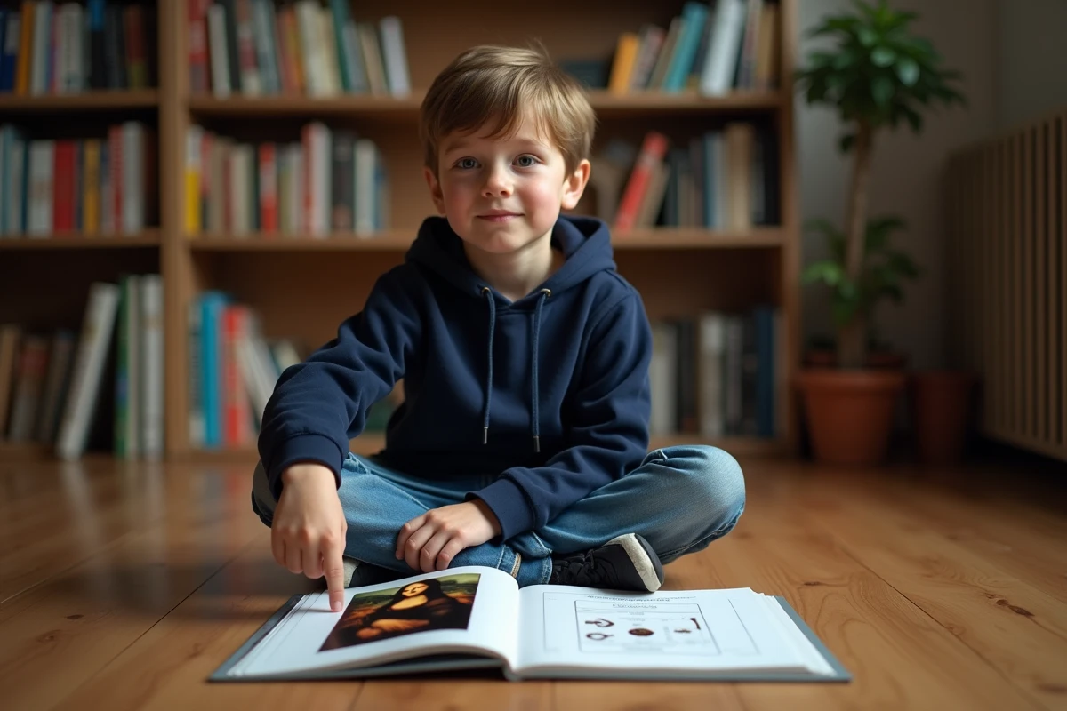 Garçon consultant un livre d'art ouvert sur la Joconde avec un schéma comparatif de ses dimensions réelles