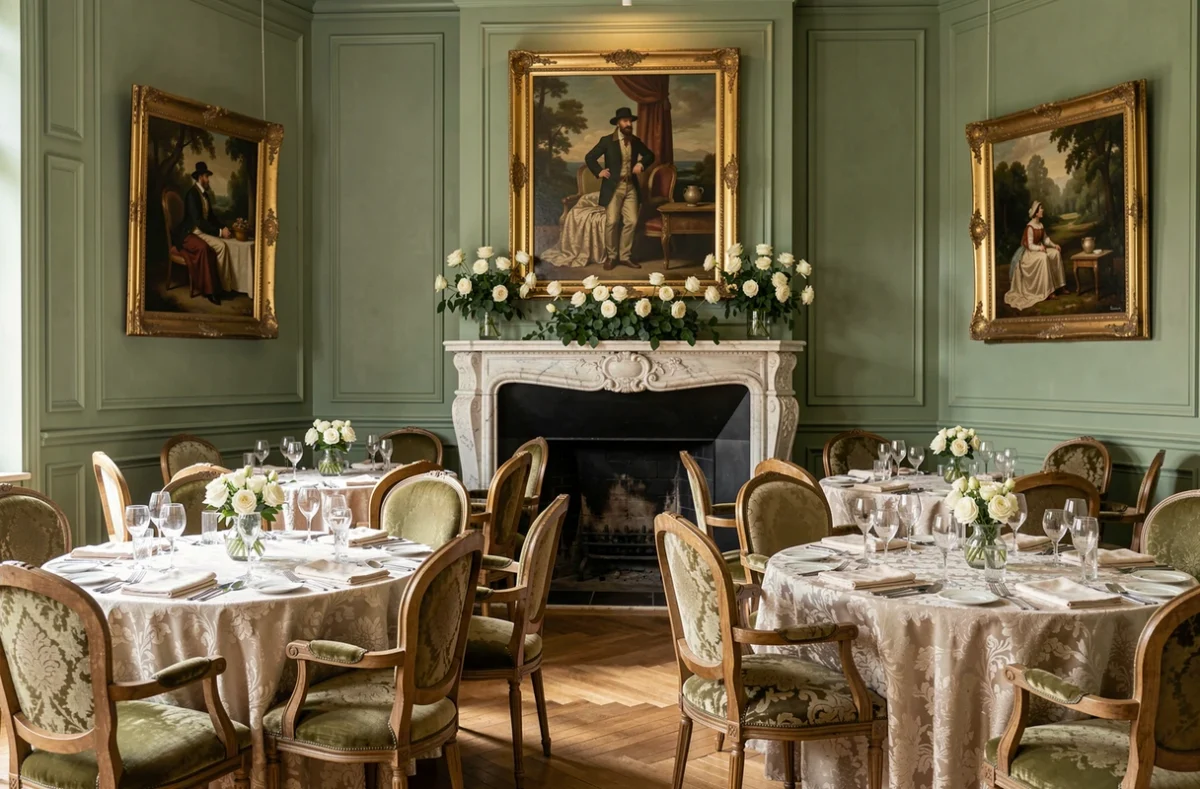 Salon de réception de La Gentilhommière avec décor bourgeois classique, cheminée en marbre et tables élégamment dressées