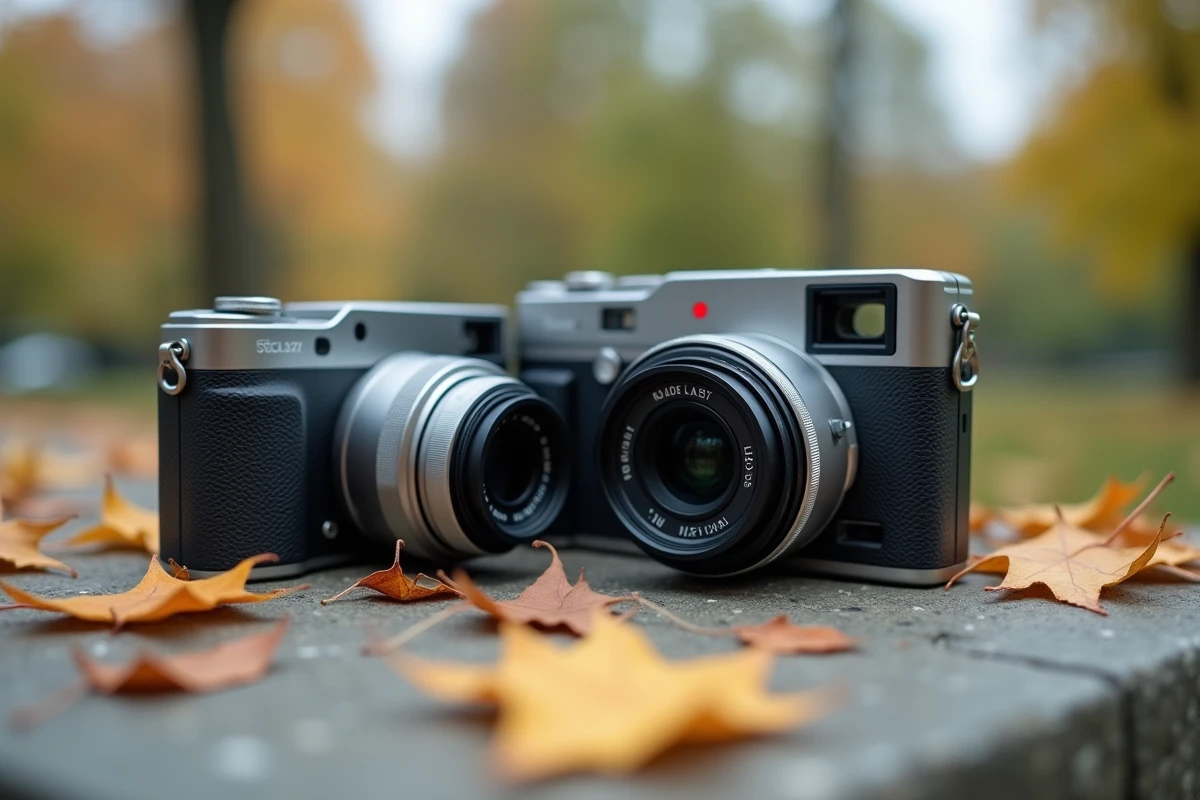 Gros plan de deux appareils photo compacts en extérieur illustrant les différences de zoom, stabilisation et autofocus