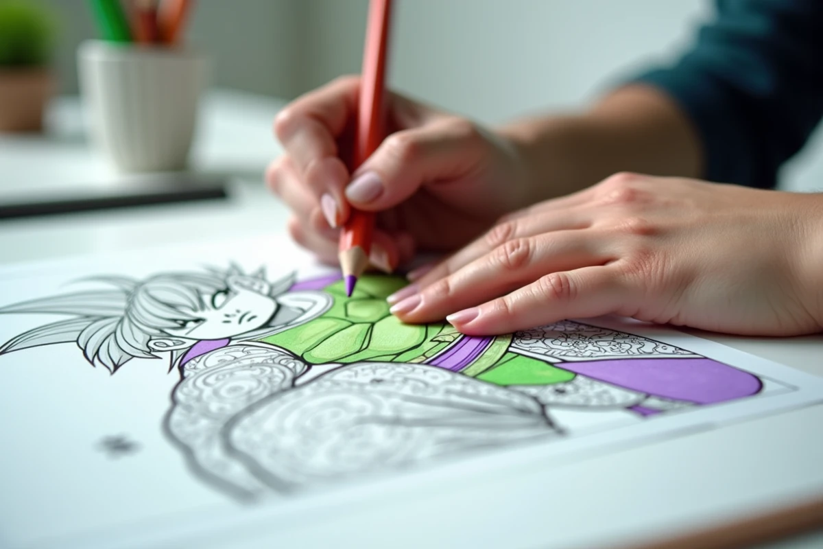 Gros plan de mains coloriant un dessin Dragon Ball Piccolo imprimé avec des crayons de couleur