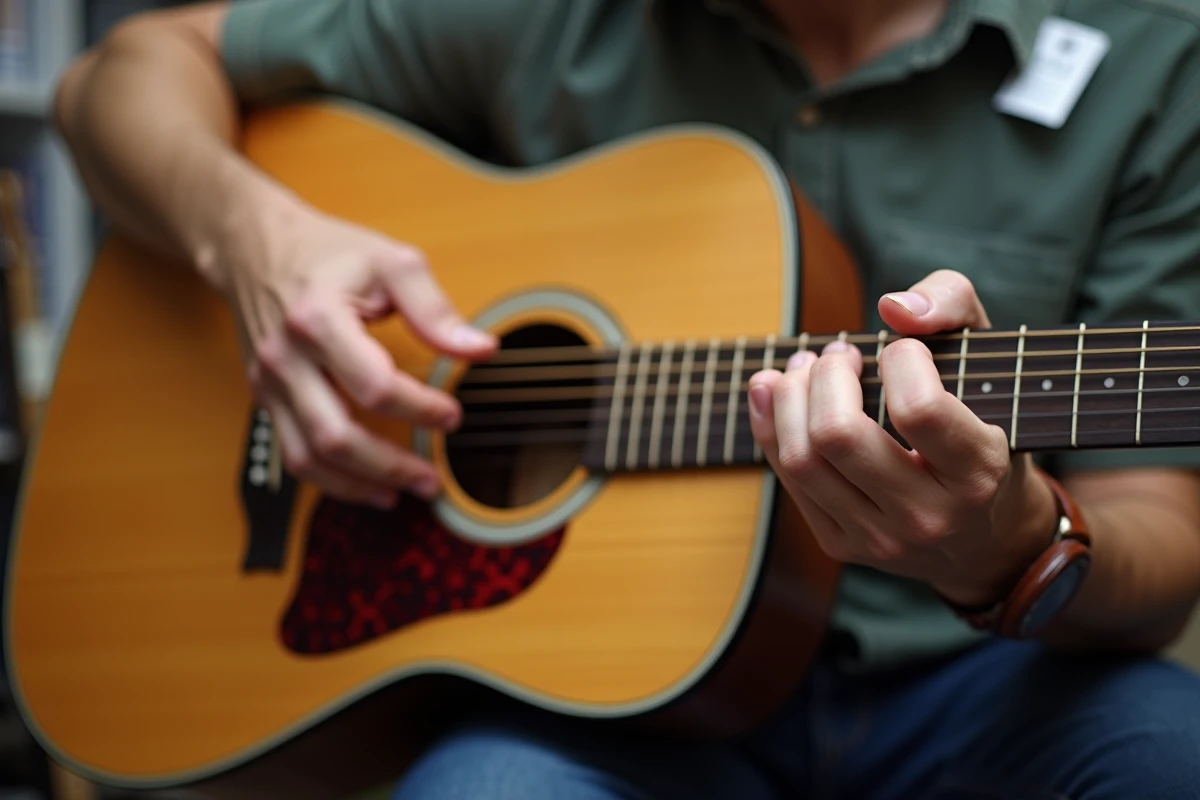 Gros plan sur les mains d'un musicien testant les cordes et l'action d'une guitare Atlantic en magasin, détail de la table en épicéa