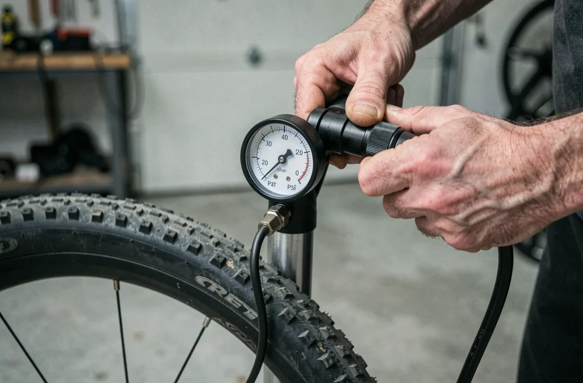 Gros plan sur un manomètre de pompe à vélo affichant des graduations en bar et psi pour gonflage précis