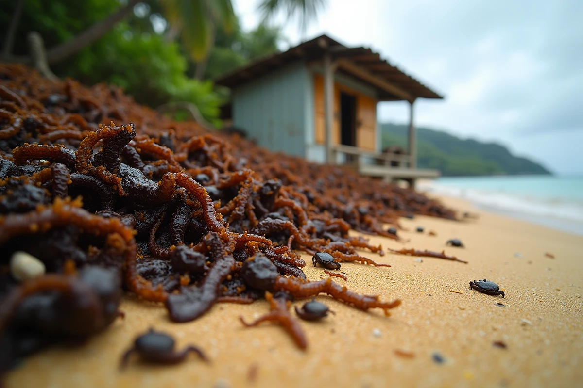Gros plan sur les algues sargasses en décomposition sur une plage guadeloupéenne avec impact visible sur le tourisme local