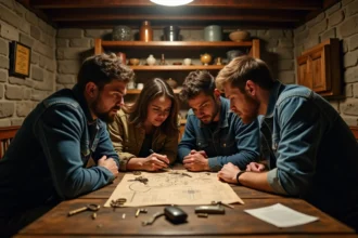 Groupe d'adultes résolvant des énigmes autour d'une table dans une salle de room escape thématique