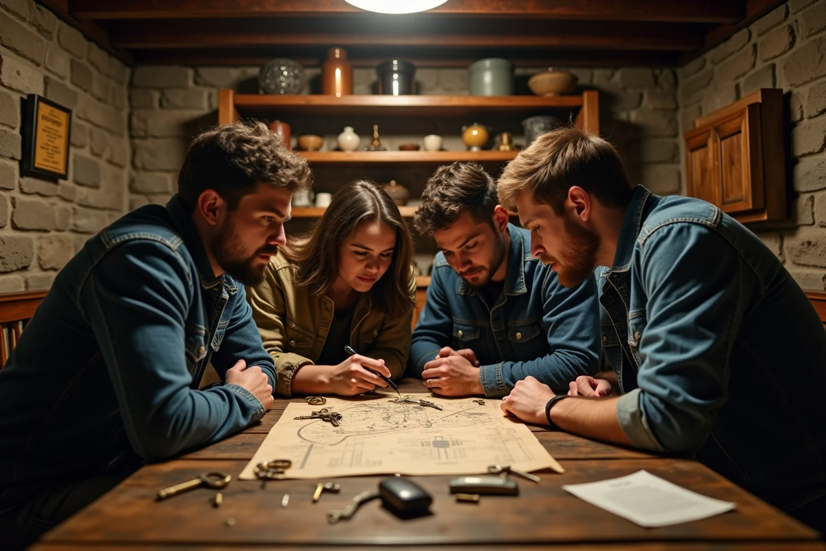 Groupe d'adultes résolvant des énigmes autour d'une table dans une salle de room escape thématique