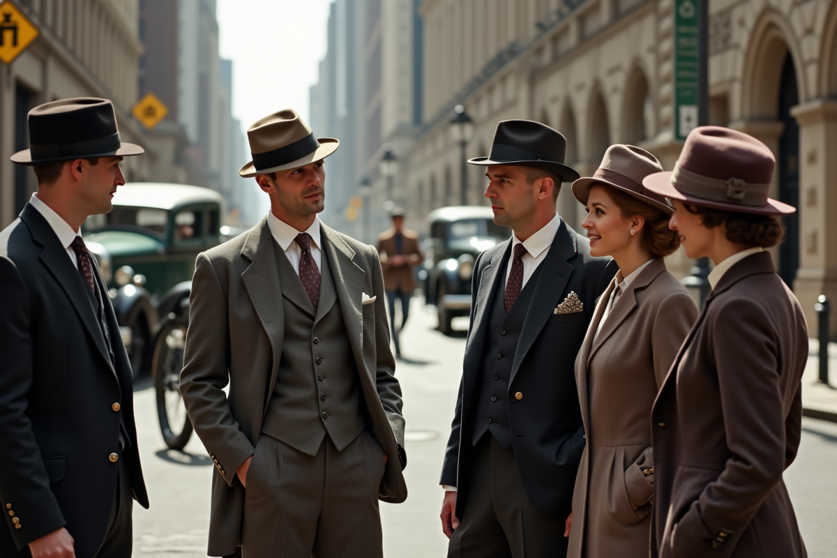 Groupe de personnes en tenues 1920s dans la rue animée