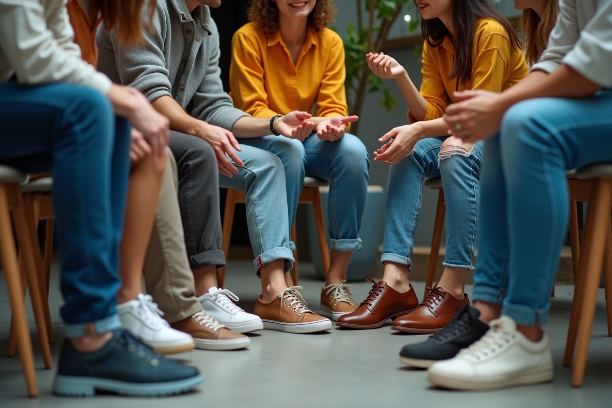 Jeunes discutent et montrent leurs chaussures tendance en intérieur