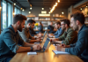 Groupe de supporters de football discutant dans un café lumineux