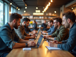 Comment participer activement à un forum de la Ligue 2 Groupe de supporters de football discutant dans un café lumineux