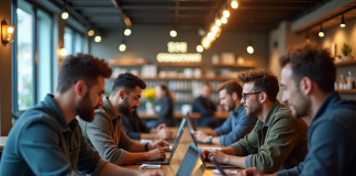 Groupe de supporters de football discutant dans un café lumineux