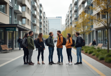 Zone urbaine : définition, caractéristiques et exemples d’urbanisation en France Groupe divers d'adultes dans une rue urbaine moderne