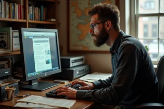 Homme nostalgique devant un écran d'ordinateur vintage avec des archives de blog média HD des années 2000