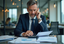 Homme d'affaires en costume navy examine des documents financiers