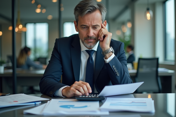 Homme d'affaires en costume navy examine des documents financiers