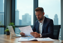 Taux d’emprunt 2025 : découvrez les prévisions et recommandations Homme d'affaires lisant des documents financiers dans un bureau moderne