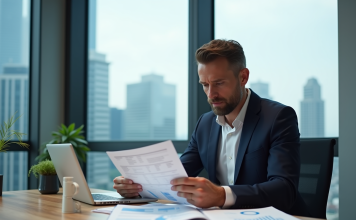 Taux d’emprunt 2025 : découvrez les prévisions et recommandations Homme d'affaires lisant des documents financiers dans un bureau moderne