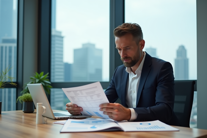 homme-affaires-lecture-finance Homme d'affaires lisant des documents financiers dans un bureau moderne
