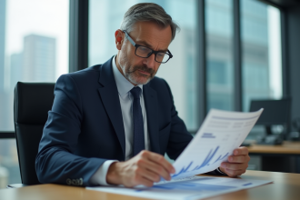 Homme d affaires en costume bleu regardant un graphique financier