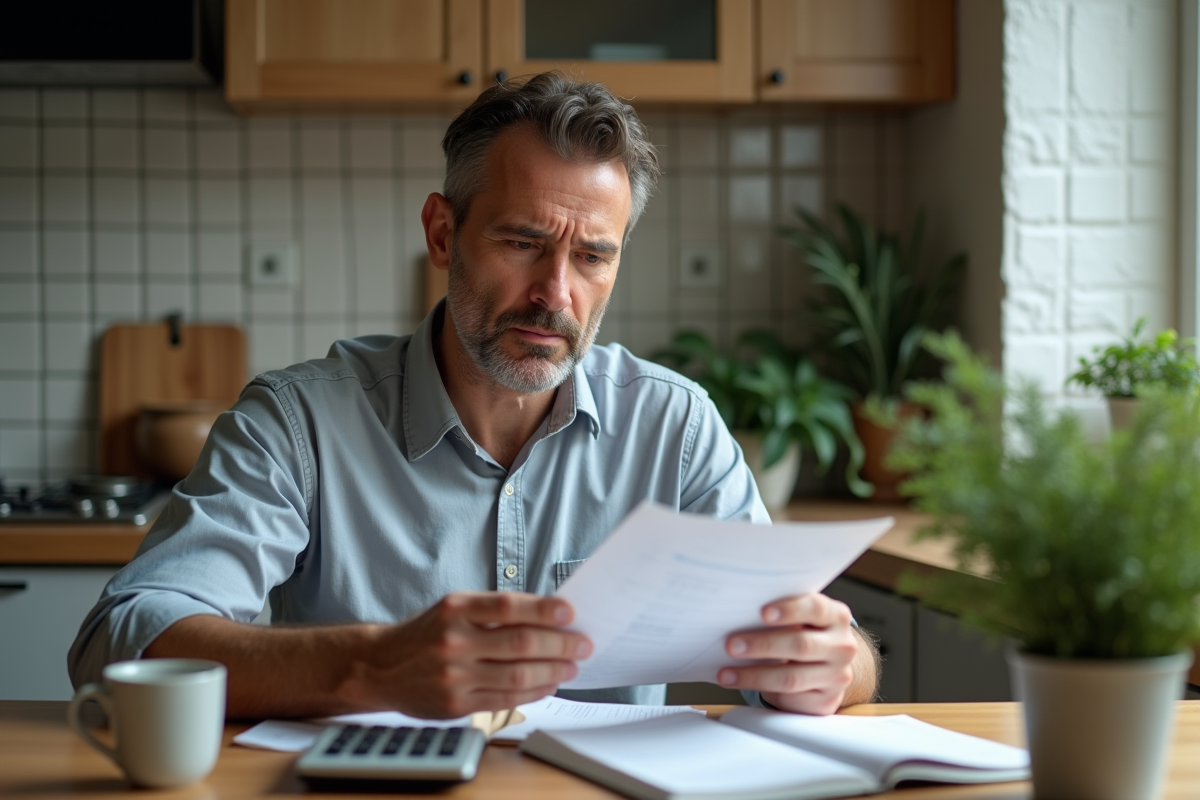 Homme à la maison gérant ses finances avec facture