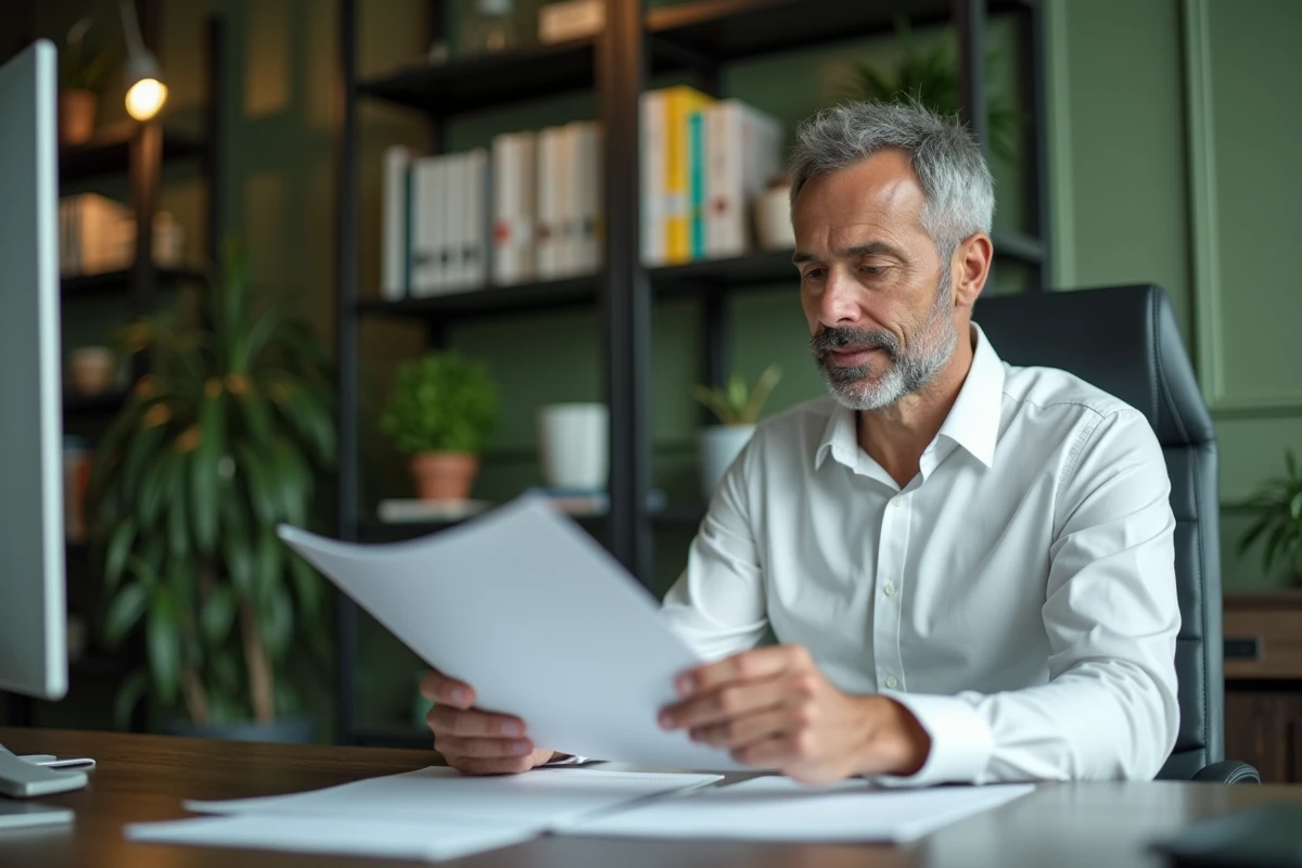 Homme d affaires français lisant un rapport de bien etre