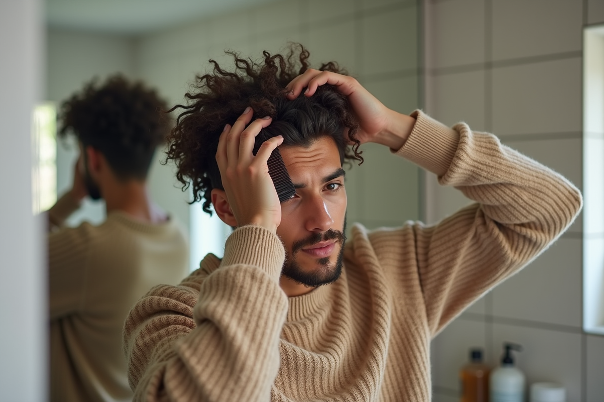 Homme avec cheveux bouclés utilisant un peigne dans la salle de bain