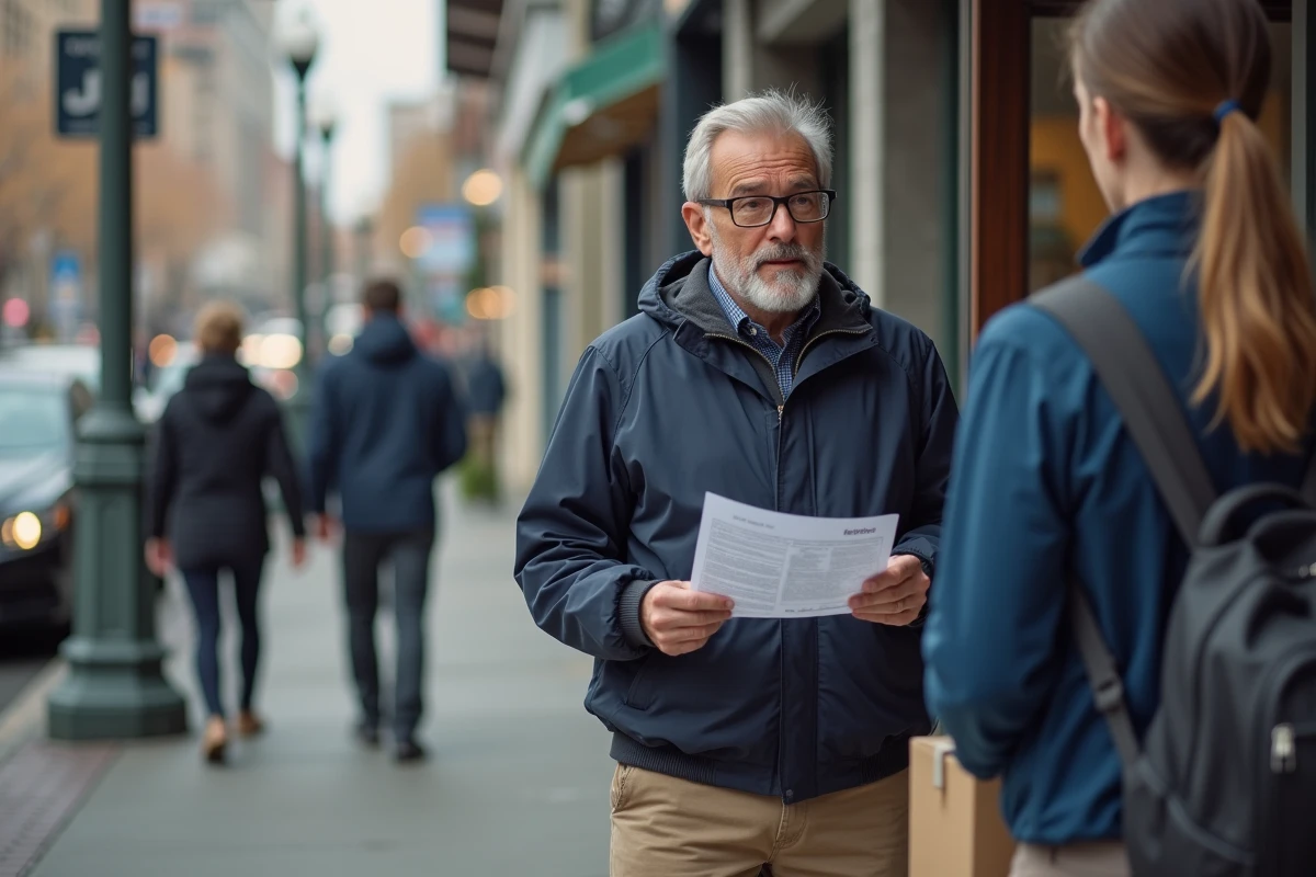 Homme confus parlant avec un agent au dépôt en ville