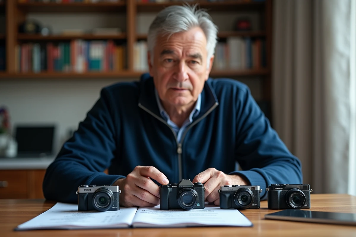 Homme évaluant trois appareils photo compacts côte à côte sur un bureau avec fiches techniques, comparatif zoom et stabilisation