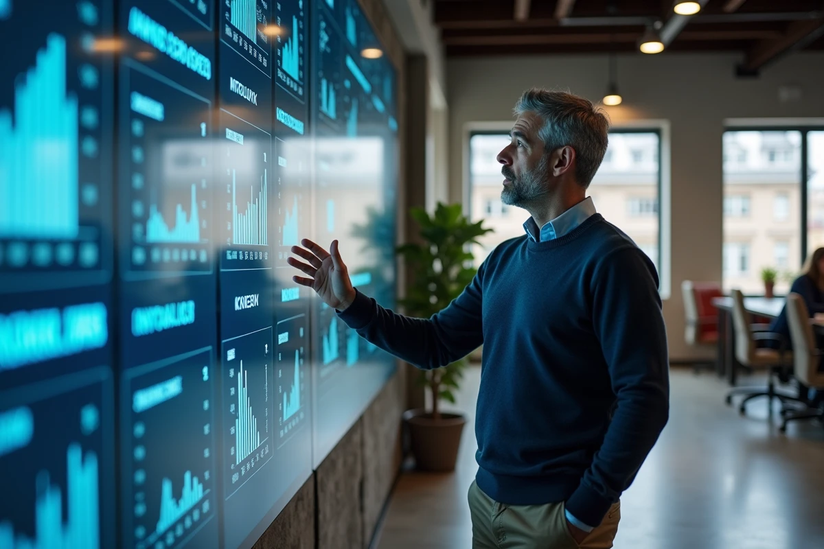 Homme devant un mur digital montrant des graphiques et innovations