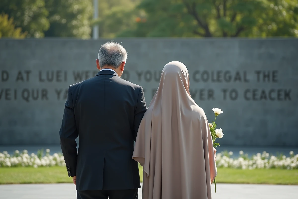 Homme et femme devant un monument de paix
