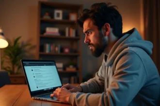 Homme frustré devant un écran d'ordinateur affichant une erreur 404 sur un site de streaming de films