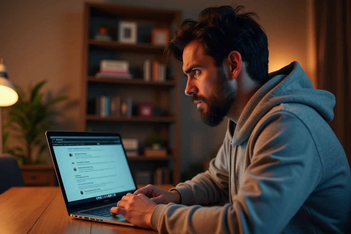Homme frustré devant un écran d'ordinateur affichant une erreur 404 sur un site de streaming de films